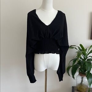 PROMESA Black Smocked Ruffle Tie-Back Cropped Long Sleeve Blouse Size S